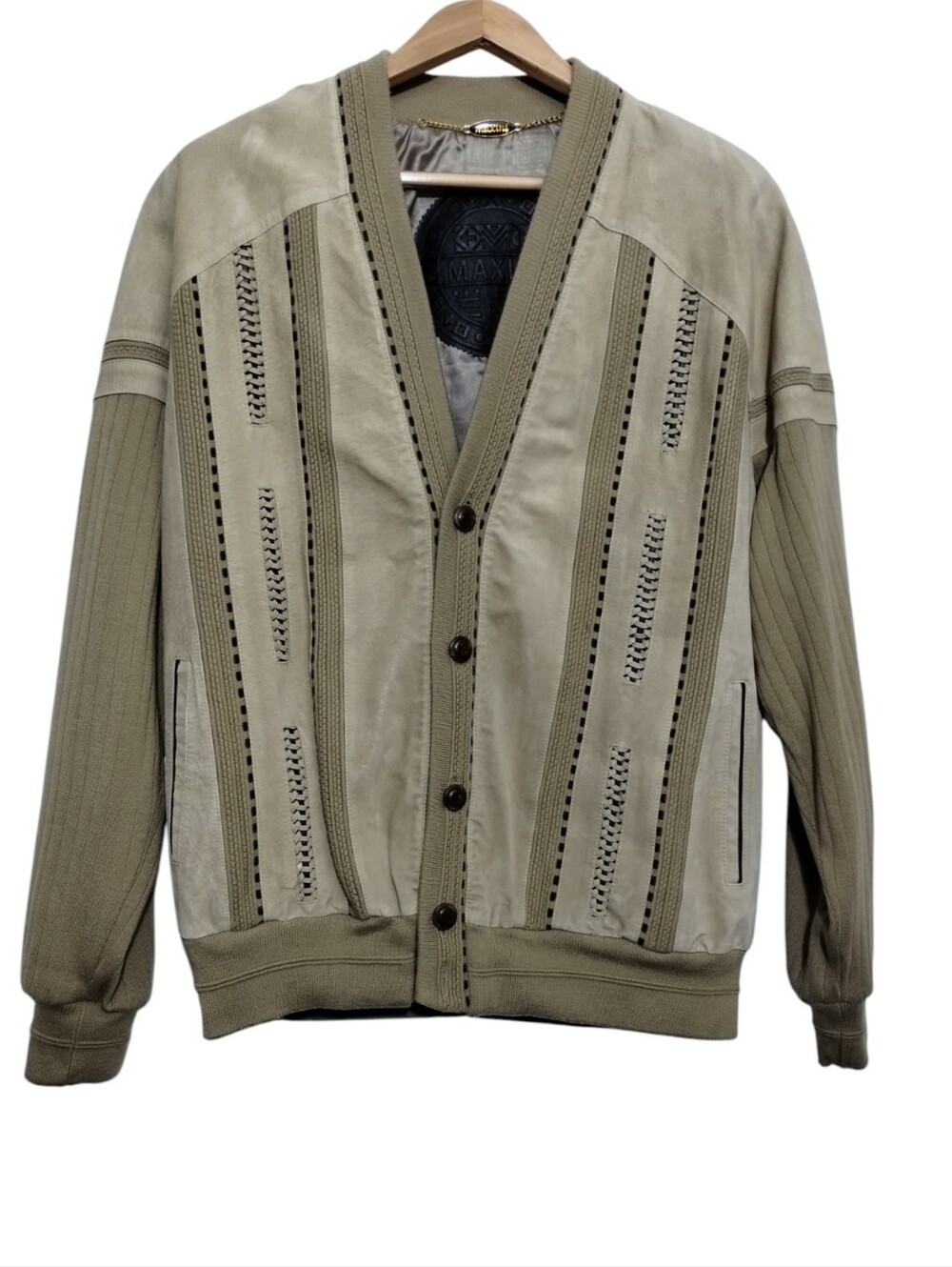 Vintage Maxini Suede Leather Button-Up Mixed-Media Bomber Jacket Mens L